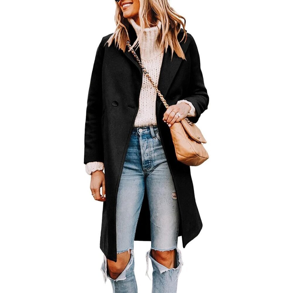 Women's Black Notch Lapel Double Breasted Wool Blend Mid Long Pea Trench Coat